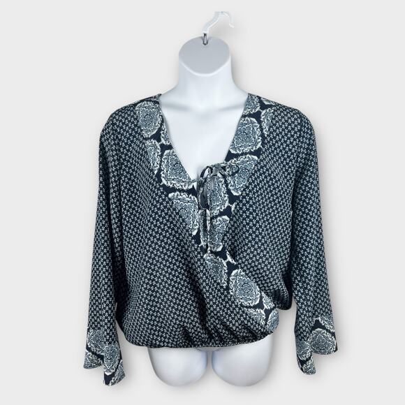 Know Rose Blue Floral Flare Sleeve Tie Wrap Blouse Top Mixed Prints XL - Picture 1 of 9